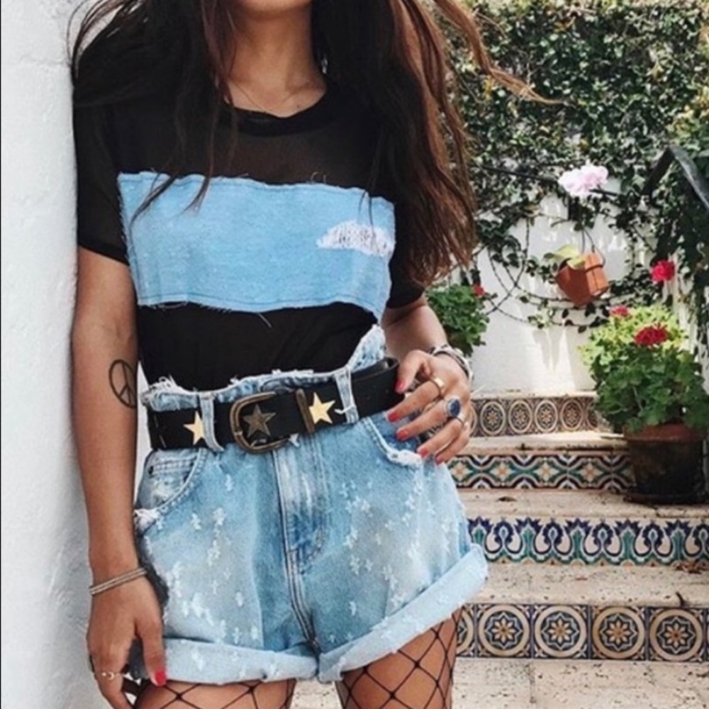 Emma & Sam Black Mesh Top with Denim Detail